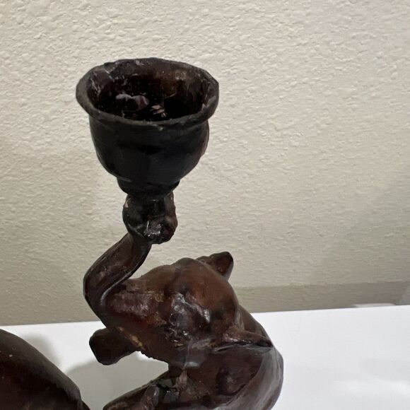 Vintage Cast Metal Elephant PAIR Candle Holder Trunk Up Good Luck Rearing - Picture 8 of 14